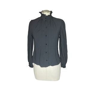 Jessica Scott Ruffle Neck Blouse Charcoal Gray Button Front Size 8